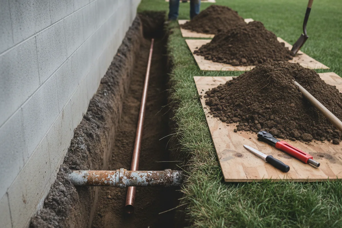 Excavated water line trench during Water Softener Installation in Braggs